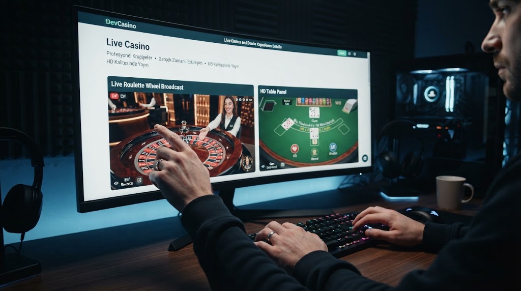 devcasino canlı casino ve krupiye deneyimi detaylarını bilgisayar ekranından inceleyen oyuncunun elleri.