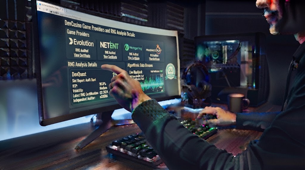 devcasino oyun sağlayıcıları ve RNG analizi detaylarını bilgisayar ekranından inceleyen oyuncunun elleri.