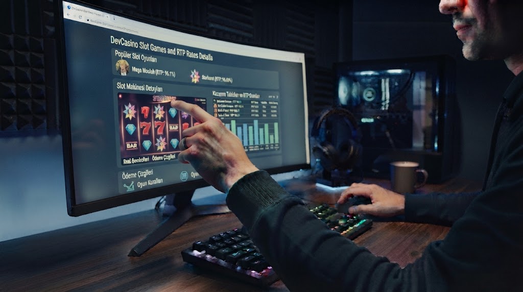 devcasino slot oyunları ve rtp oranları detaylarını bilgisayar ekranından inceleyen oyuncunun elleri.
