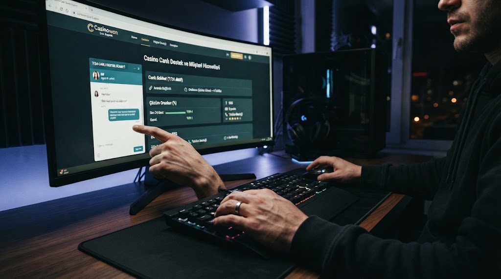 online casino canli destek ve musteri hizmetleri detaylarını bilgisayar ekranından inceleyen oyuncunun elleri.
