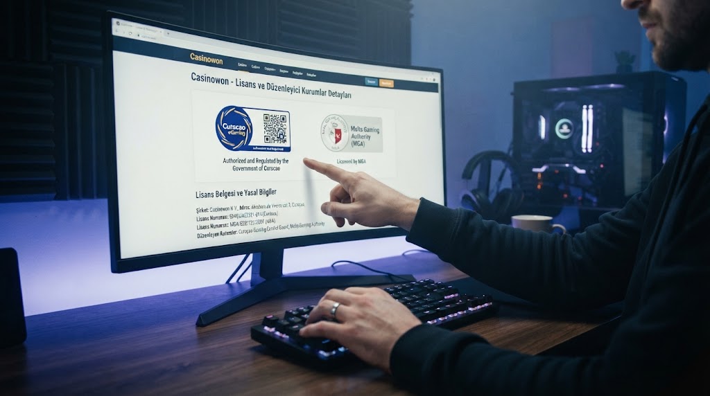 online casino lisans ve duzenleyici kurumlar detaylarını bilgisayar ekranından inceleyen oyuncunun elleri.